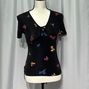 Esse USA Black With Butterfly Print Faux Wrap Blouse - size Medium